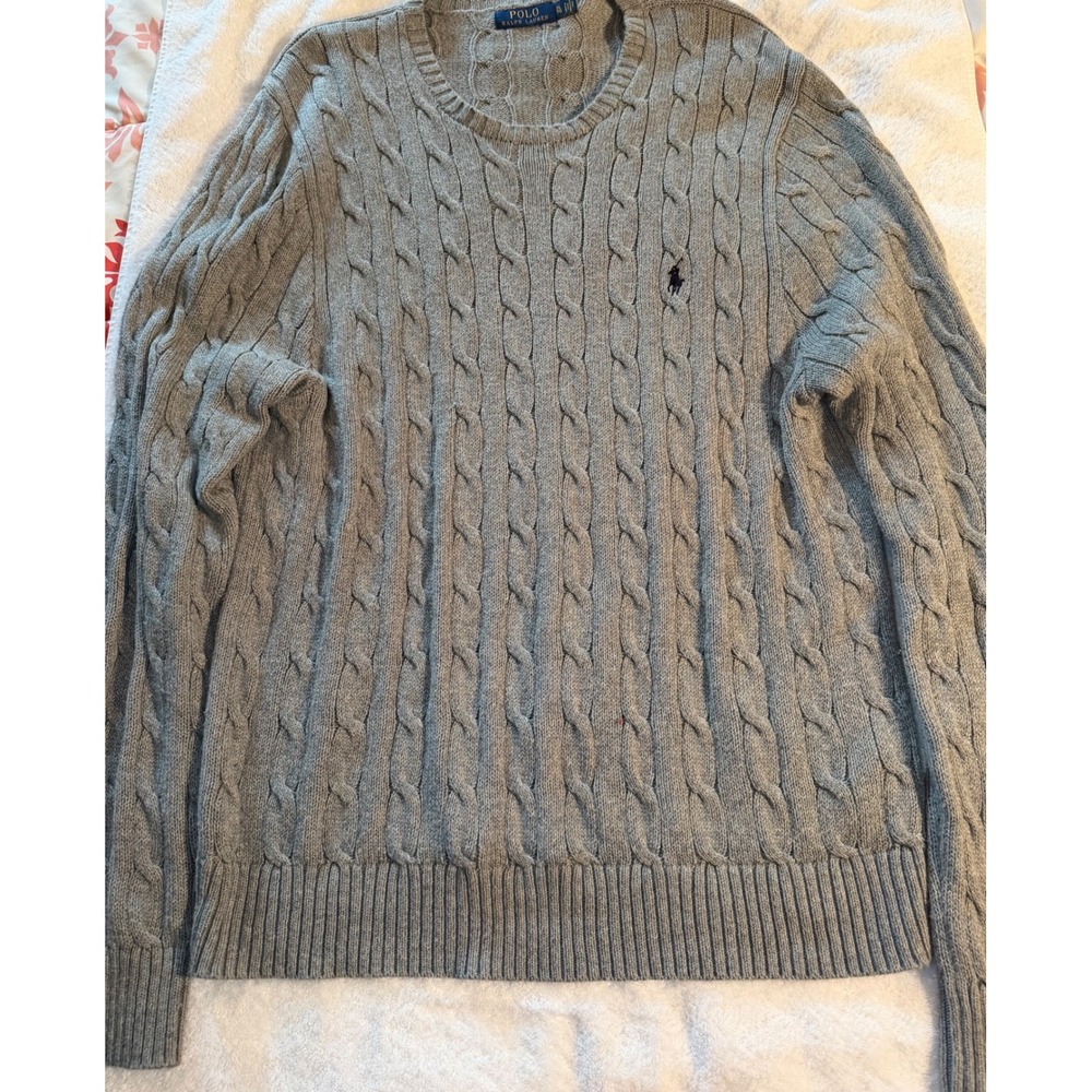 Polo Ralph Lauren Mens XL Gray Cable Knit Cotton Crewneck Sweater Grandpa